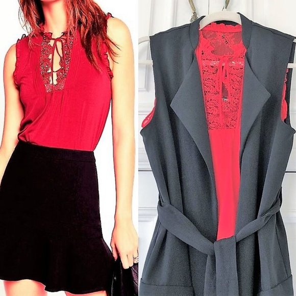 Vivid Red Lace Bib-Front Flowy & Drapey Blouse XS - Picture 2 of 16